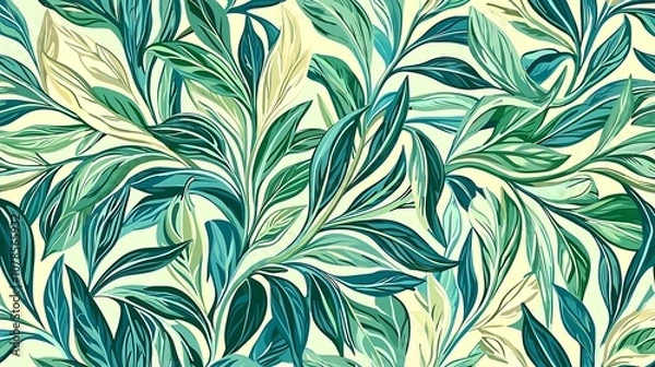 Obraz Lush Green Leafy Pattern with Intricate Designs in Vibrant Shades of Green and Blue, Perfect for Nature-Inspired Backgrounds and Textiles