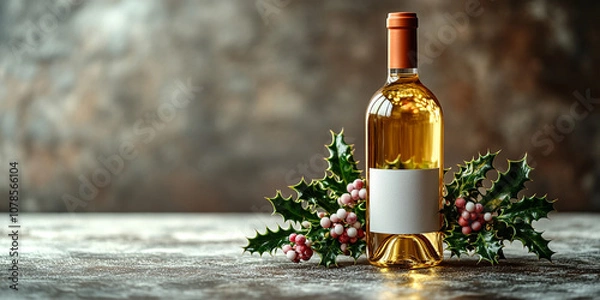 Fototapeta A bottle of wine, a bottle of alcohol. Christmas decor. A place for the text.