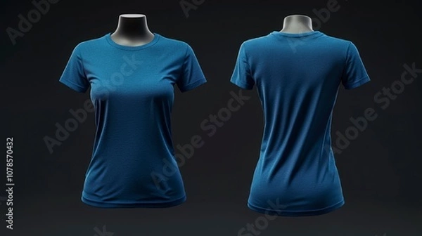 Fototapeta Dark blue female T-shirt shown on a mannequin, capturing the front and back views. The serene lighting highlights the apparel's elegant simplicity and design.