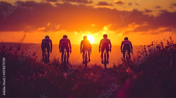Obraz Silhouettes of Cyclists Riding into the Sunset - Realistic Image