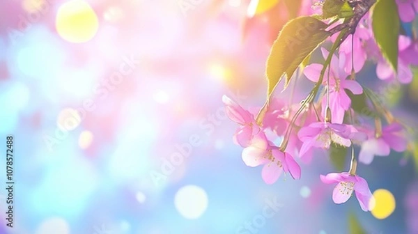 Fototapeta Soft Pink Blossoms Gently Sway on Branches, Illuminated by Sunlight, Creating a Serene Spring Atmosphere in a Vibrant Garden During Daytime
