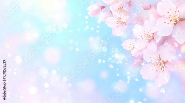 Fototapeta Delicate Cherry Blossoms Bloom Against a Dreamy Blue Background Scattered With Soft, Colorful Bokeh Lights on a Serene Spring Day