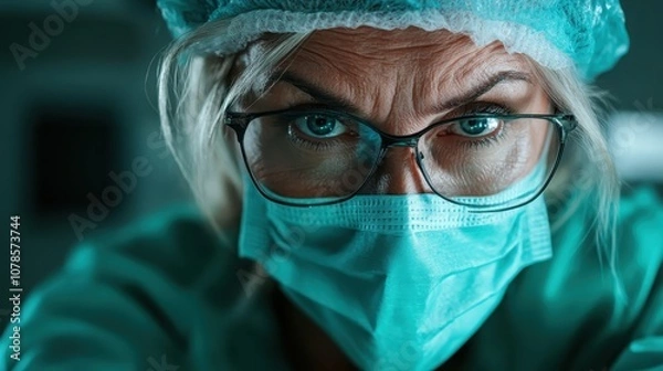 Fototapeta A determined surgeon with a mask and glasses in a surgical atmosphere, highlighting surgical focus and expertise during an important medical procedure with dedication.