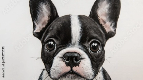 Fototapeta Close-up portrait of a black and white French Bulldog, looking directly at the camera with large, curious eyes.