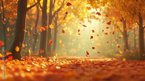 Fototapeta A 3D autumn forest scene with vibrant orange, yellow, and red leaves gently falling from the trees. The forest floor is covered with fallen leaves, and soft light filters through the branches.