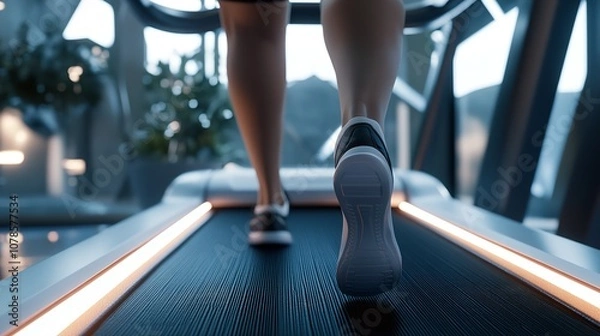 Fototapeta A sleek, high - tech smart treadmill in a modern, minimalist home gym setting