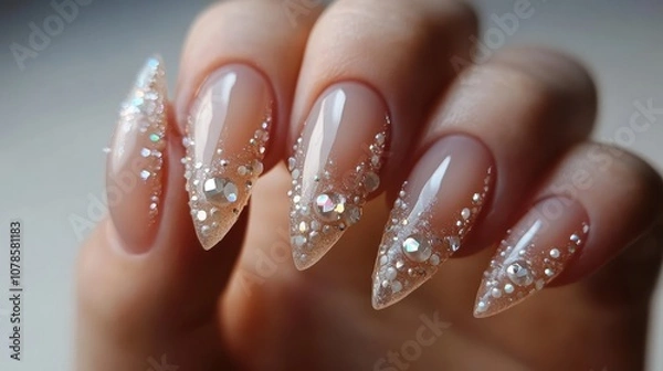 Obraz Closeup of a hand with long, stiletto nails decorated with a clear, sparkly design.
