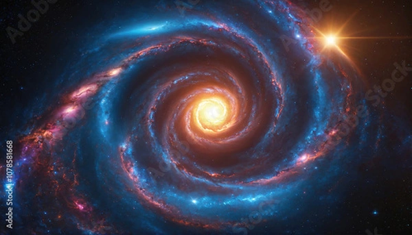 Fototapeta A colorful spiral galaxy with a bright center, captured from a distant point in space