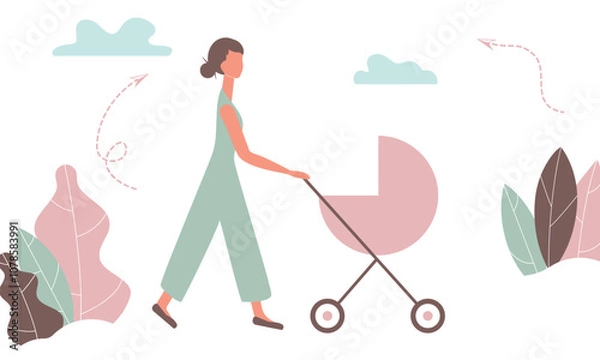 Fototapeta Happy mother on a walk with newborn in stroller. Woman pushing pram with child in park. Young mom with baby in pushchair isolated on white background in funky figures style. Vector illustration