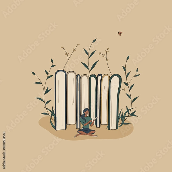Fototapeta Concept:book is source of knowledge.Tiny african woman sit in Lotus-Pose near stack of books and read book.Pile of volumes as symbol of education.For library or bookstore.Hand drawn raster