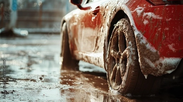 Fototapeta Red car covered in mud