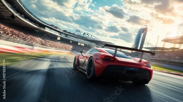 Obraz Red Race Car Speeding on Track