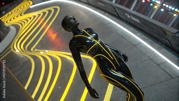 Obraz Stunning 3D Render of a Black Glossy Human Body with Flowing Wavy Lines in Vibrant Yellow Captured from a Drone's Perspective for a Futuristic and Artistic Look