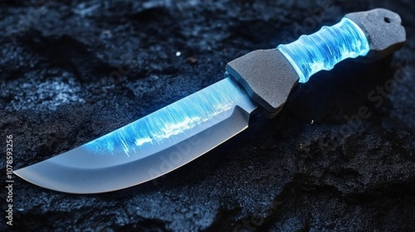 Obraz Ancient Stone Knife With a Unique Holographic Handle, Blending History and Modern Design
