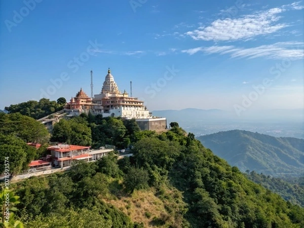 Fototapeta Stunning Architectural Photography of Mansa Devi Temple Perched Majestically on a Hill, Showcasing Exquisite Design and Serene Surroundings in the Heart of Nature