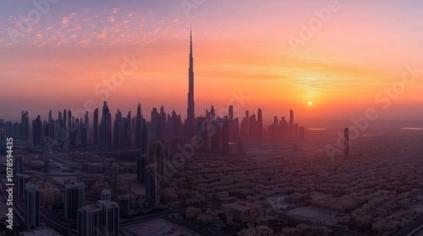 Fototapeta A panoramic view of Dubai's skyline at sunset, with the Burj Khalifa standing tall against the vibrant sky.