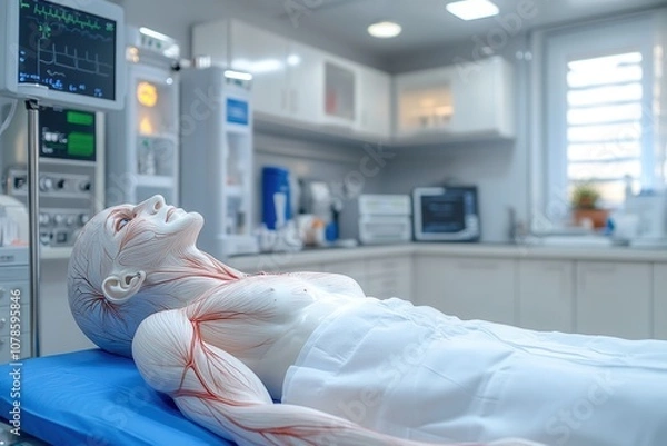 Fototapeta An intricate anatomical model lying on a table showcases detailed visible blood vessels.