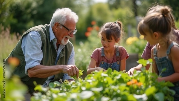 Fototapeta A joyful grandfather shares his gardening knowledge with his grandchildren on a sunny day. They gather around lush green plants, focusing on growing vegetables and flowers, creating lasting memories i