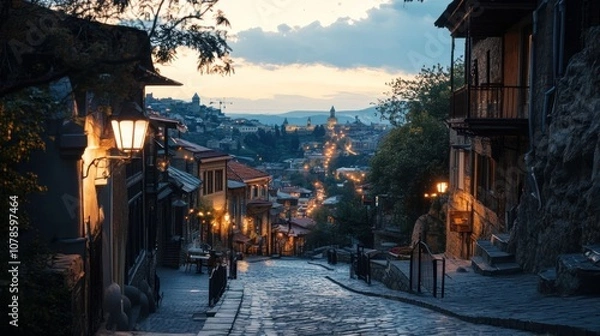 Obraz A cobblestone street in a European city at dusk, with buildings lining the street and a view of the city in the distance.