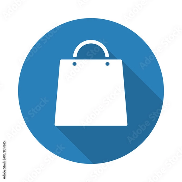 Fototapeta Flat white Shopping Bag web icon with long drop shadow on blue c