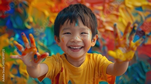 Obraz Surrounded by a spectrum of backgrounds, an adventurous Asian boy's daring pose symbolizes his fearless spirit and love for adventure