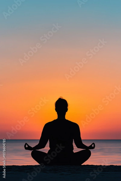 Fototapeta A serene silhouette of a person meditating at sunset by the ocean, embodying tranquility and mindfulness against a vibrant horizon.