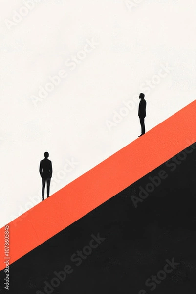 Fototapeta Silhouette figures standing on an abstract gradient slope, representing challenges, goals, and the struggle for success in a minimalist design.