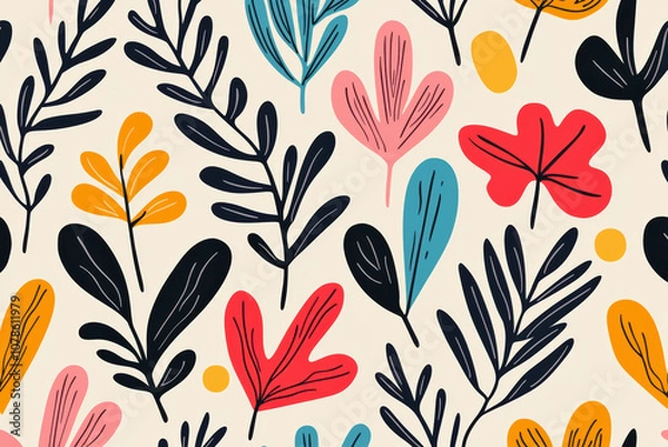 Fototapeta Colorful floral pattern featuring vibrant leaves and abstract shapes, perfect for design and decoration projects, adding a touch of nature.
