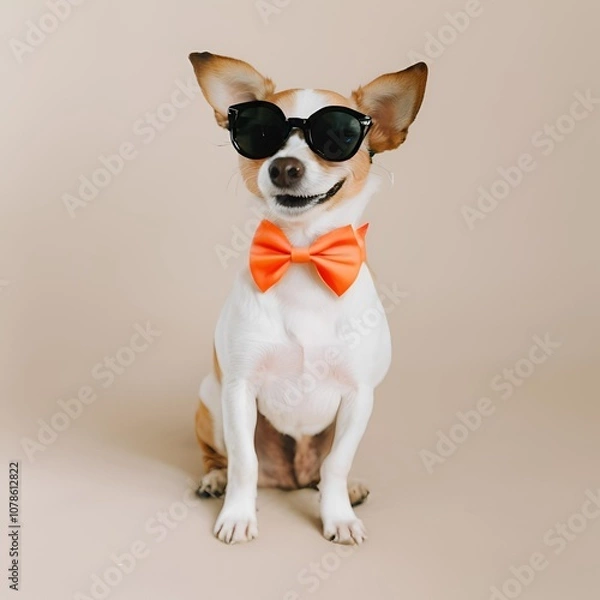 Fototapeta A small dog wearing a bright bow tie and tiny sunglasses, looking playful and happy