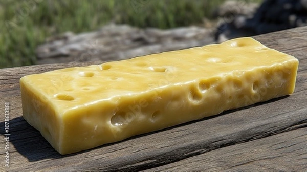Fototapeta A block of Swiss cheese with large holes sits on a wooden table.