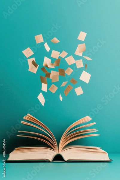 Fototapeta An open book with golden floating pages against a vibrant turquoise background, symbolizing creativity and inspiration in literature.