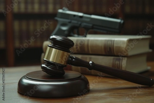 Fototapeta Justice and Crime with Gavel and Gun on Table