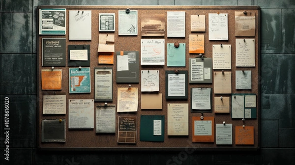 Fototapeta Cork bulletin board with assorted pinned notes, flyers, and papers of various colors and sizes in a dimly lit room.