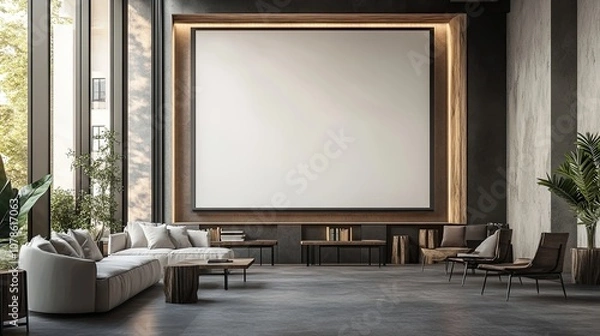 Fototapeta Modern living room with a large blank canvas on the wall, perfect for displaying artwork or a presentation.