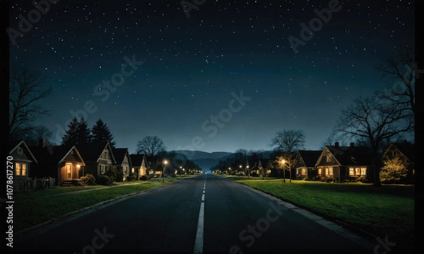 Obraz A quiet suburban street is illuminated by streetlights and the glow of houses on a clear night with a sky full of stars