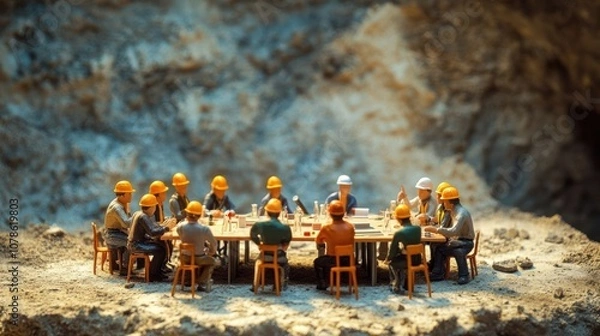 Obraz Miniature figurines of construction workers in hard hats sitting around a table in a quarry setting.