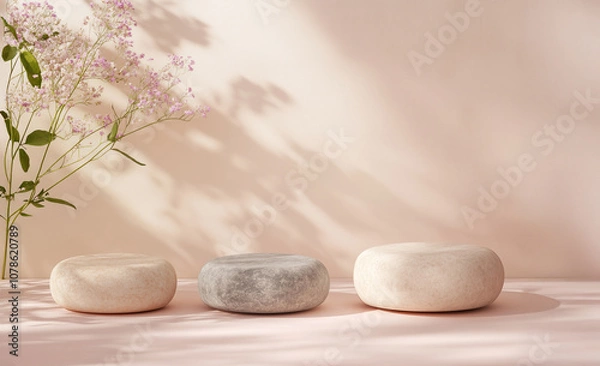 Fototapeta 3 round stone pedestals on a pink background, a mockup for a product presentation with a minimalistic design, soft lighting, soft shadows, and high-resolution photography