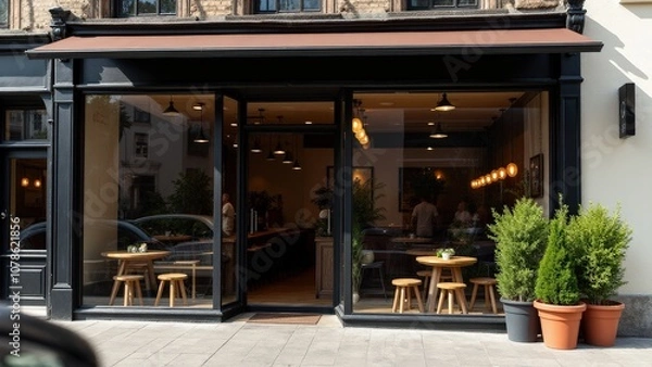 Obraz High-quality glass storefront mockup with natural light, showing a cozy cafe interior and blank signage.