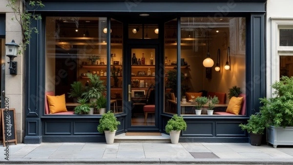 Obraz Outdoor storefront mockup of a coffee shop with plants and seating outside, creating a welcoming atmosphere.