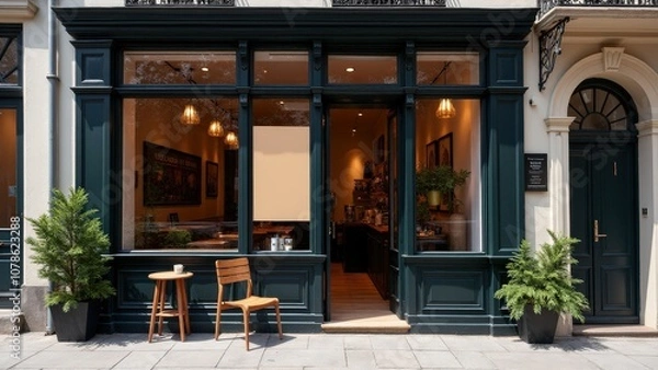 Obraz Collection of storefront sign mockups featuring cafes with blank signs above the entrance for logo placement.