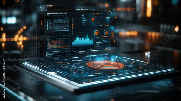 Obraz futuristic interface featuring interactive data chart with glowing elements, showcasing various analytics and metrics in high tech environment
