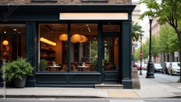 Fototapeta Storefront mockup of a coffee shop with large windows and a blank sign, ideal for cozy cafe branding.
