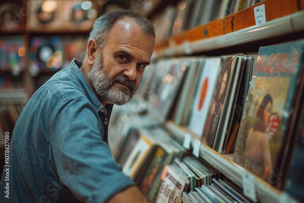 Fototapeta Person look vinyl records in retro music store, surrounded by various music genres classic CDs tapes vintage musical instruments, Generative AI