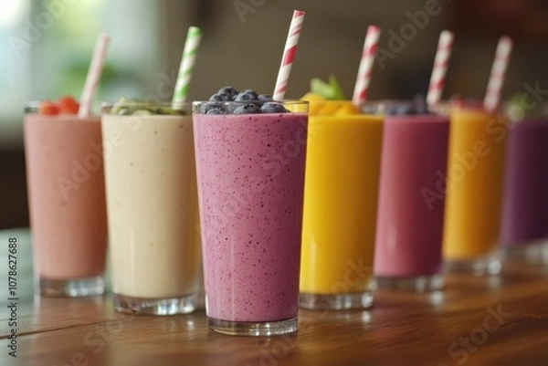 Fototapeta Colorful Smoothies in Glasses with Striped Straws