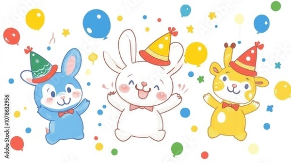 Fototapeta Cute Animals Celebrating Together with Joyful Expressions