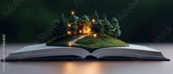 Fototapeta Open Book with Miniature Forest and Cabin