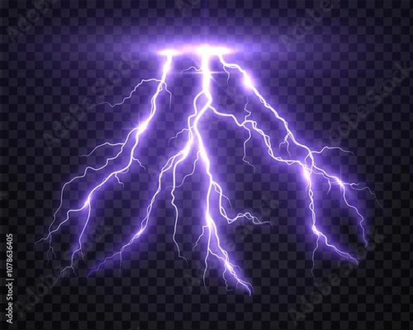 Fototapeta lightning strike, bright realistic lightning effect with flash and glow on isolated background