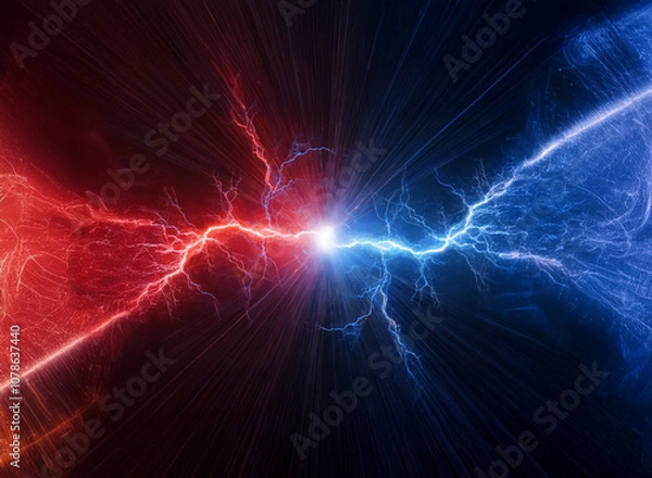Fototapeta A red and blue lightning bolt collide in the middle of a dark background.