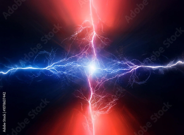 Fototapeta Two bolts of lightning, one blue and one red, clash in the center of the image, with red and blue backgrounds.