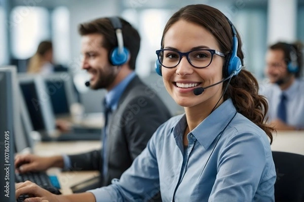Fototapeta Friendly brunette call center agent in a modern office, with glasses wearing headset and smiling as she provides customer service, telemarketing support, and communication in a professional workspace.